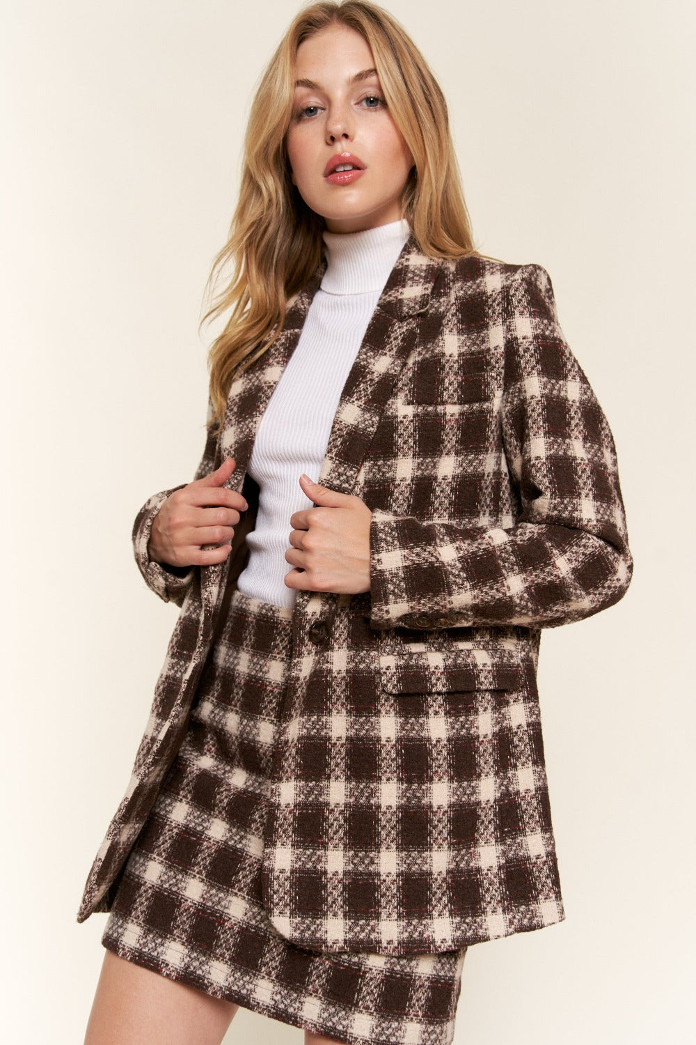 Classic Plaid Brushed One-Button Blazer