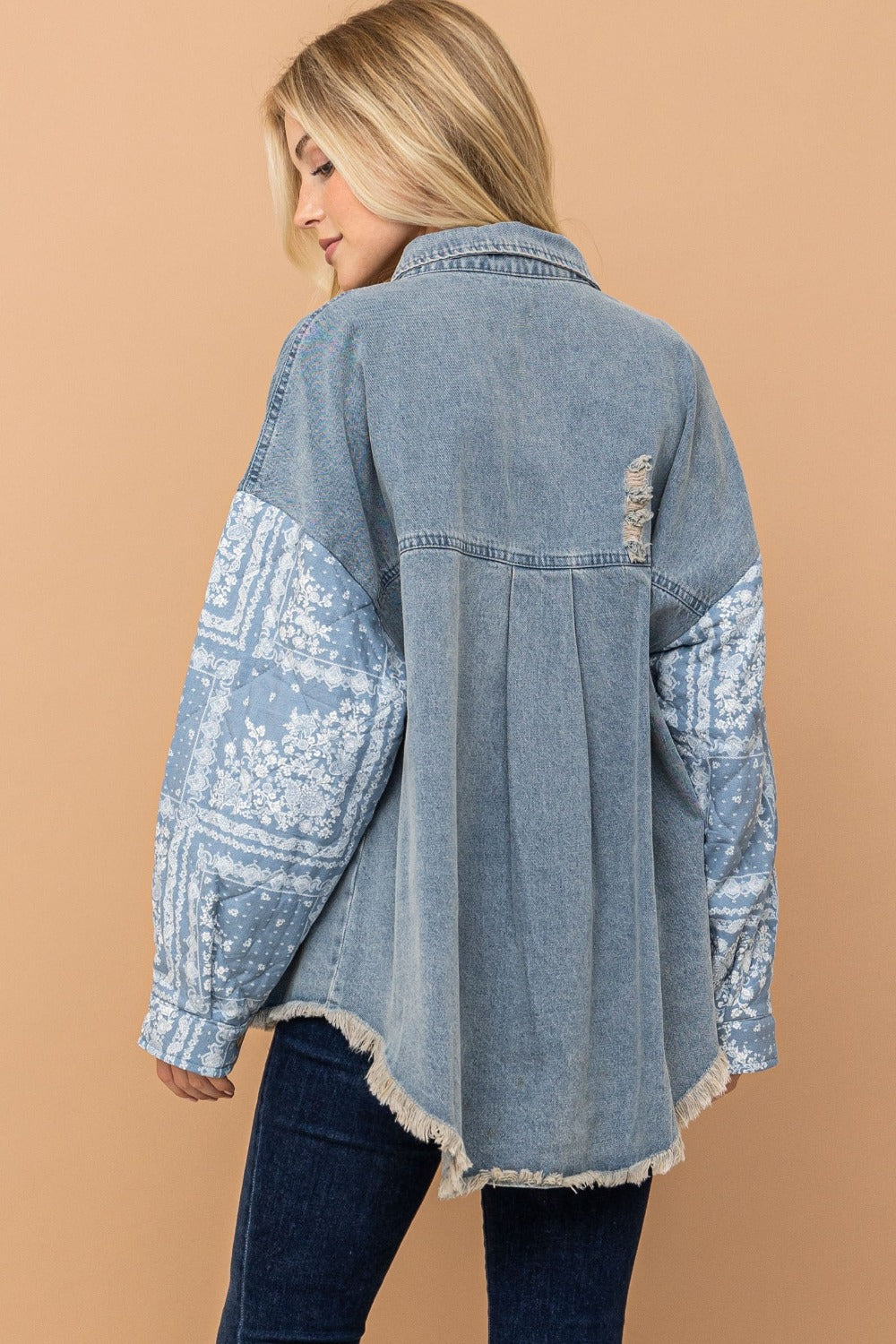 Full Size Paisley Quilted Sleeve Denim Jacket