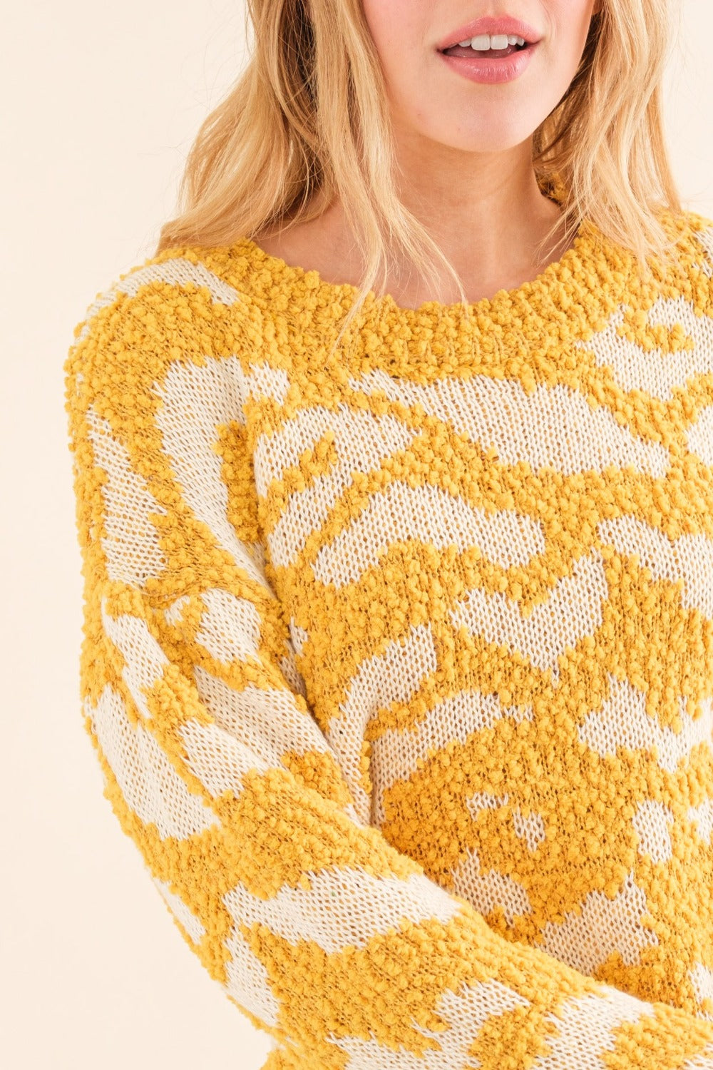 Full Size Textured Contrast Pattern Sweater