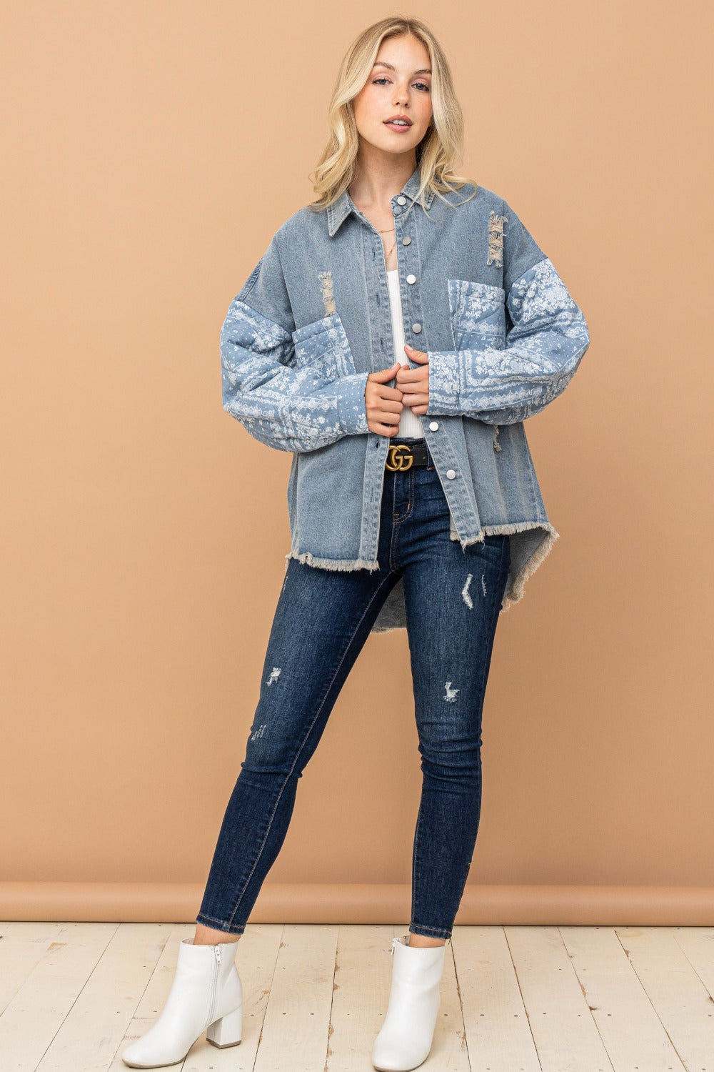 Full Size Paisley Quilted Sleeve Denim Jacket