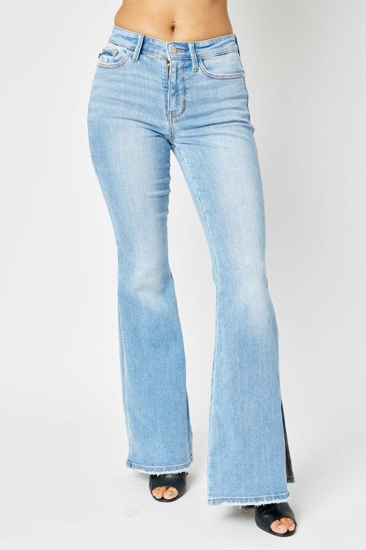Judy Blue Mid Rise Raw Hem Flare Jeans