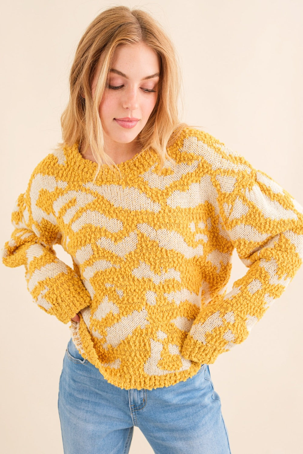 Full Size Textured Contrast Pattern Sweater