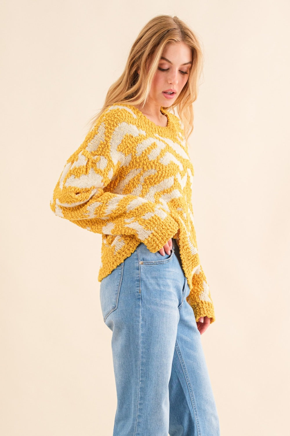 Full Size Textured Contrast Pattern Sweater