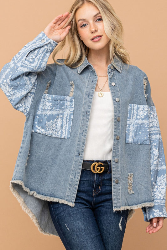 Full Size Paisley Quilted Sleeve Denim Jacket