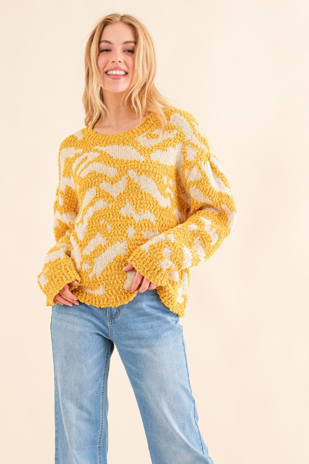 Full Size Textured Contrast Pattern Sweater