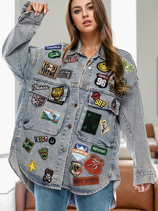Embroidered Patch Long Sleeve Denim Jacket