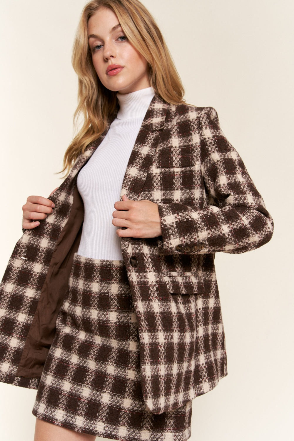 Classic Plaid Brushed One-Button Blazer
