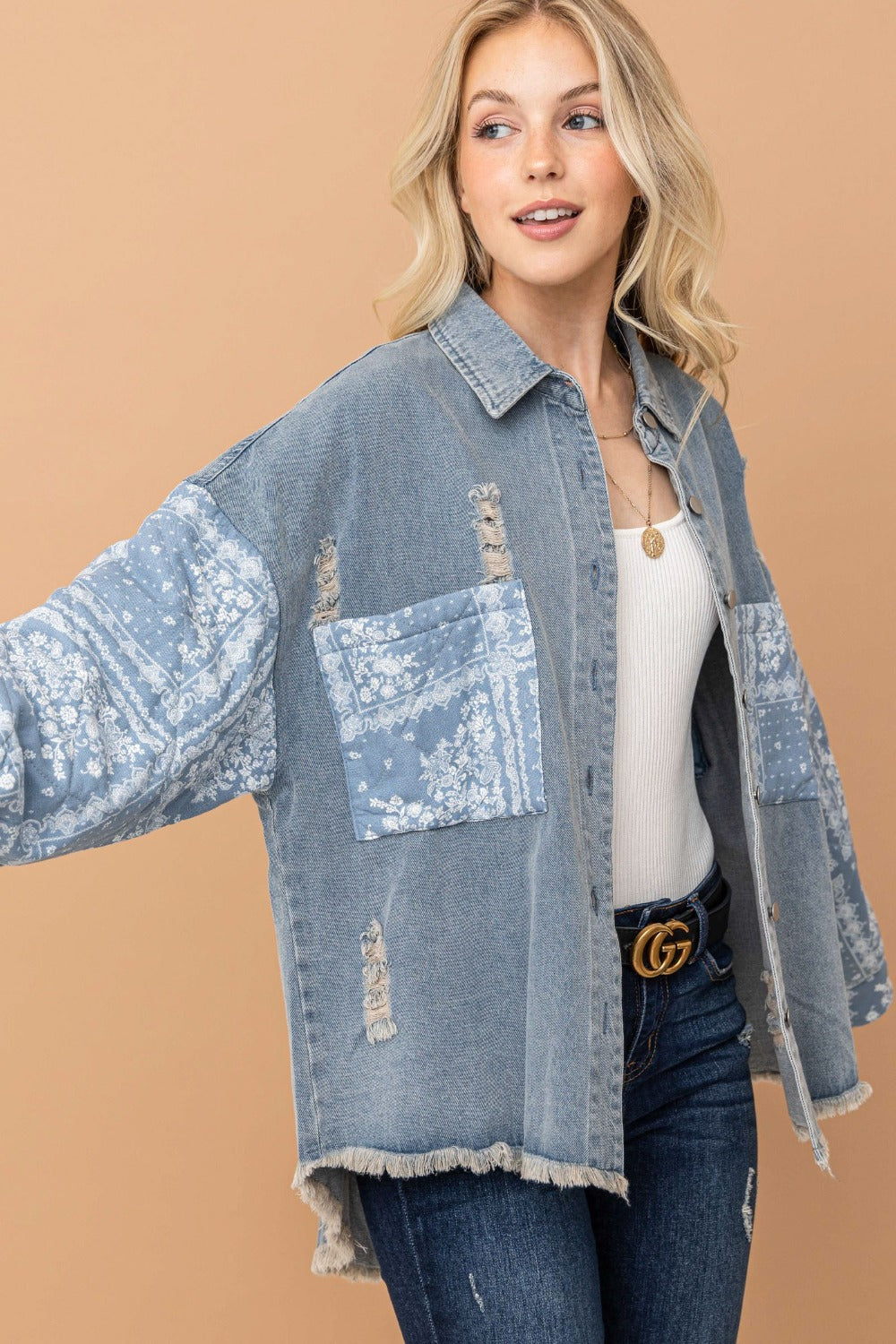 Full Size Paisley Quilted Sleeve Denim Jacket