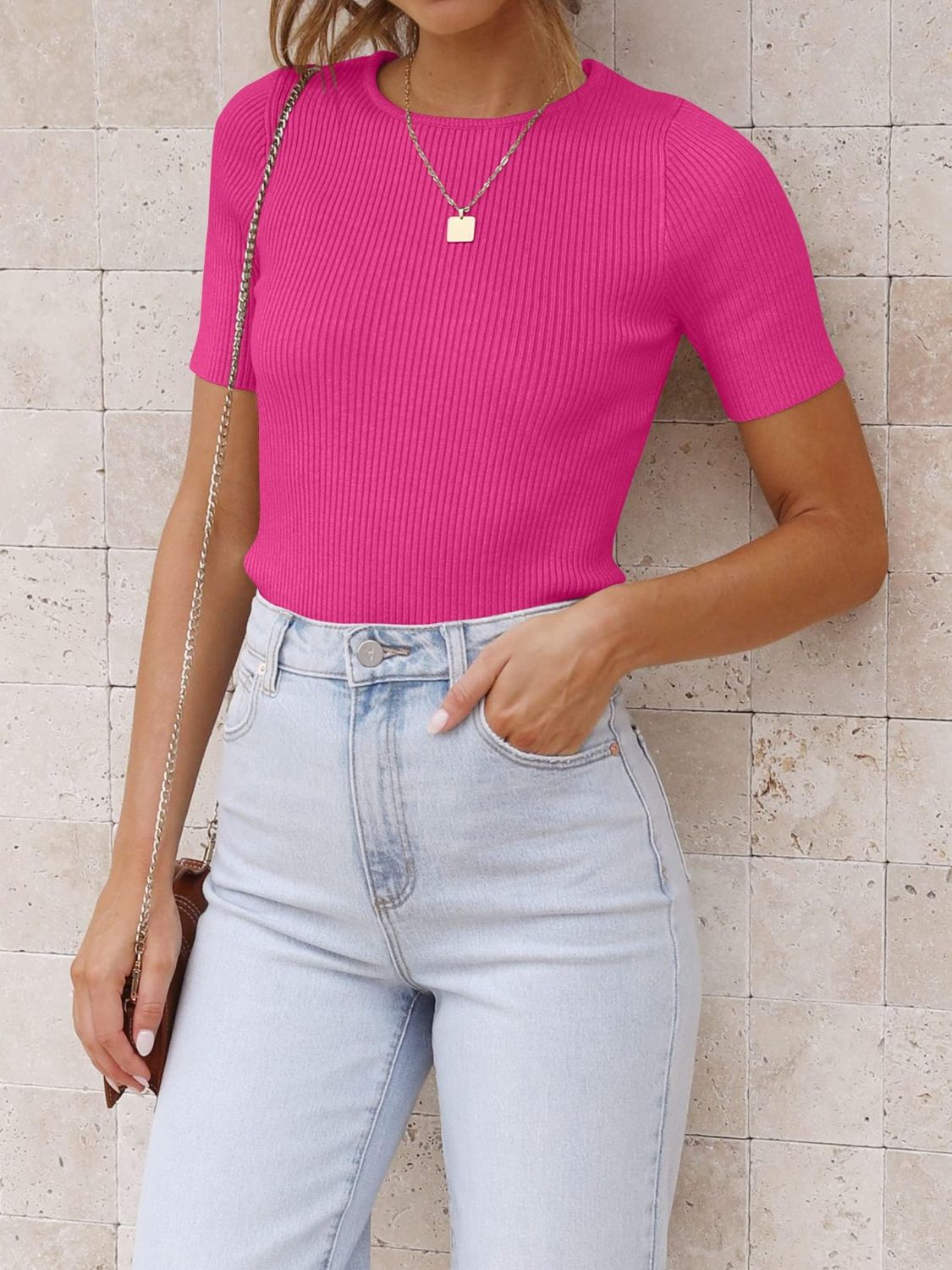 Ribbed Short Sleeve Knit Top