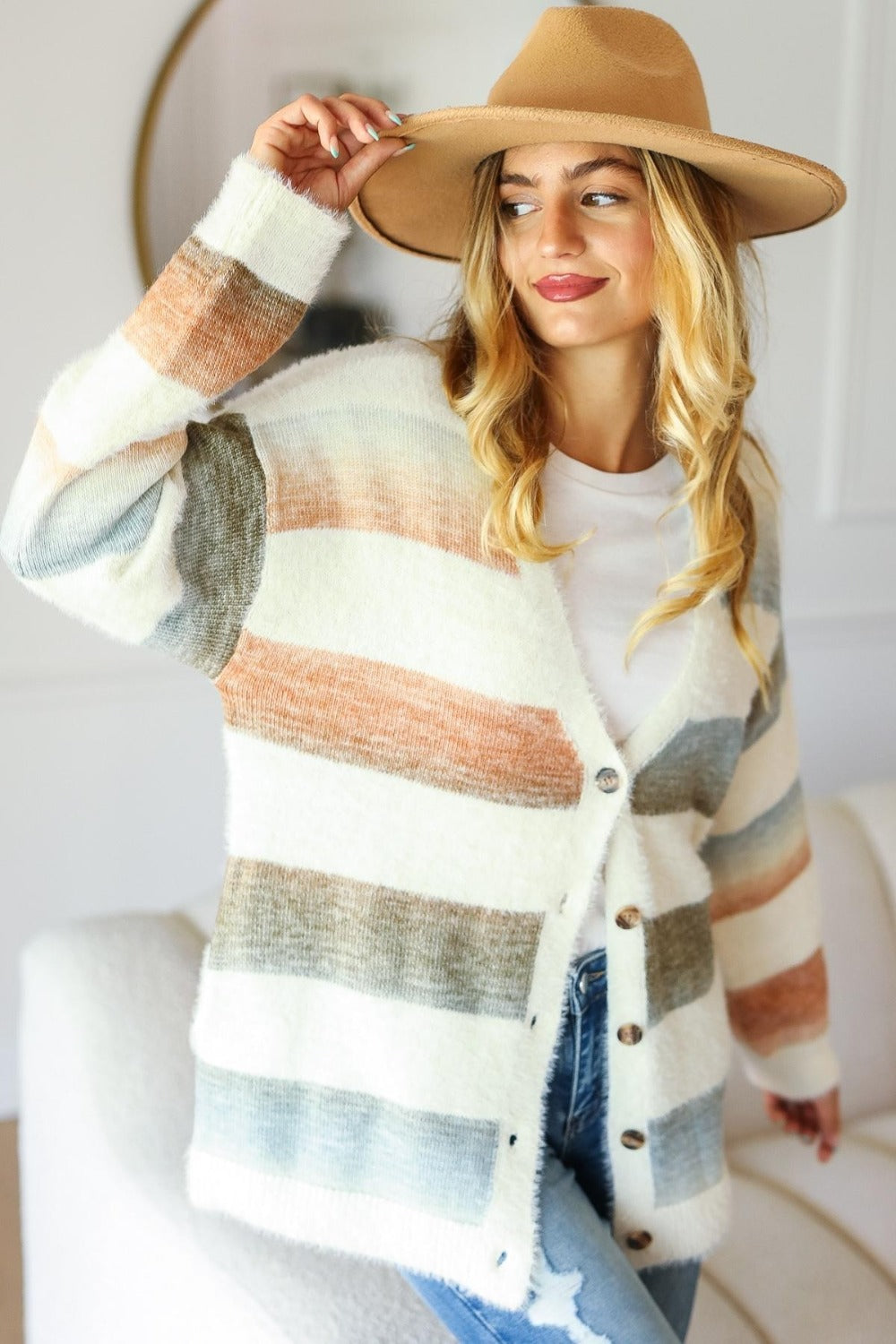 Full Size Button-Down Striped Fuzzy Cardigan