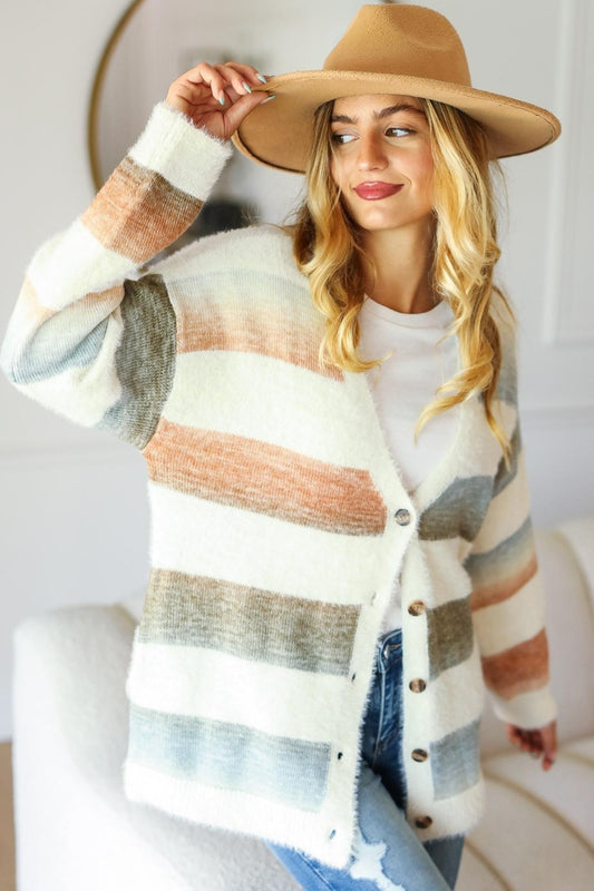 Full Size Button-Down Striped Fuzzy Cardigan