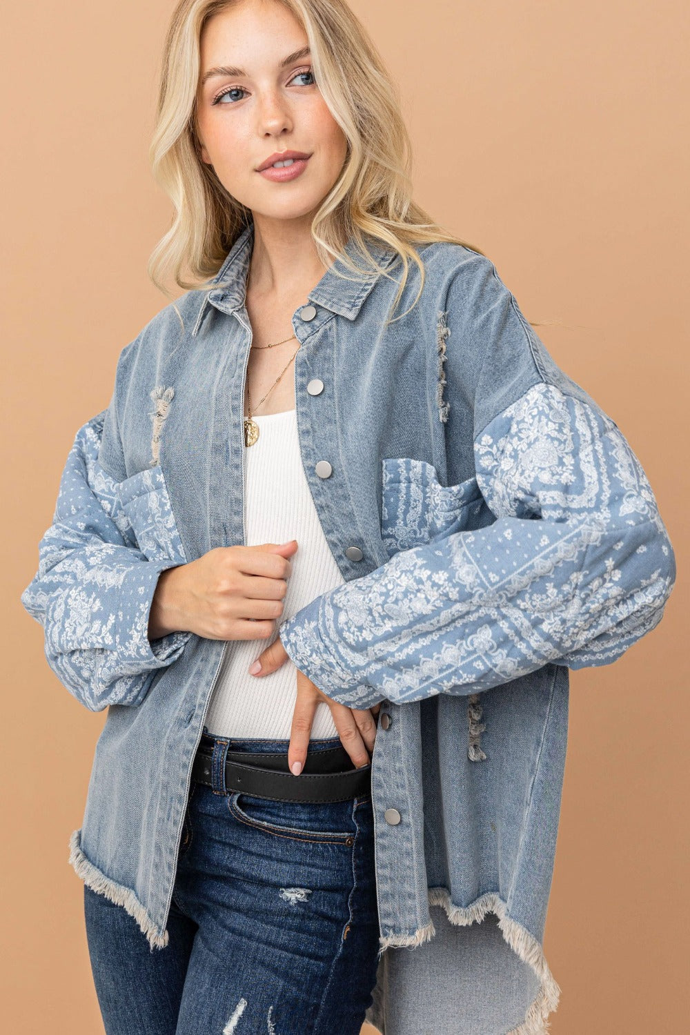 Full Size Paisley Quilted Sleeve Denim Jacket