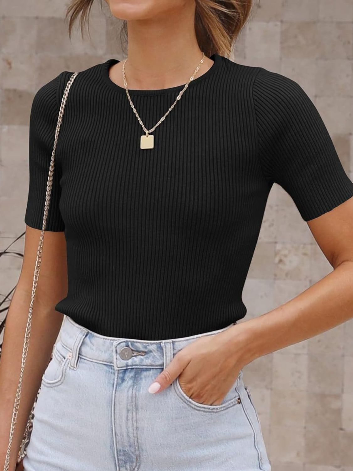Ribbed Short Sleeve Knit Top